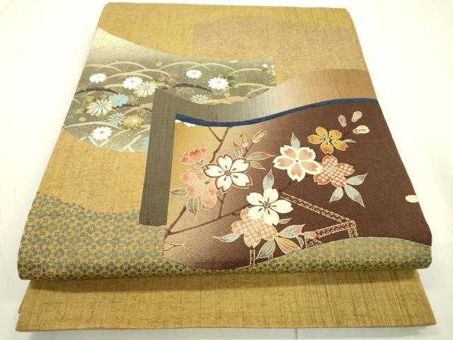 平和屋着物●太鼓柄袋帯　紬地　切嵌　雪輪枝桜　金銀彩　正絹　逸品　DAAU9667fe
