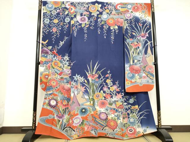 平和屋着物●豪華振袖　型染め　風景草花文　暈し染め　鬼しぼ縮緬　正絹　逸品　DAAV1102tw