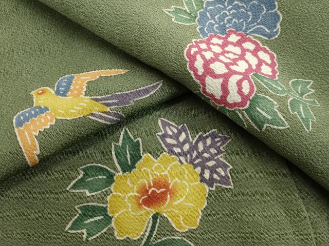 平和屋着物●上質な小紋　型染め　花鳥文　鬼しぼ縮緬　正絹　逸品　DAAV1122tw