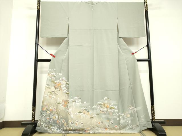 色留袖 ］正絹 薄い山吹色 黄 一つ紋 松 梅 鶴 菊 駒刺繍