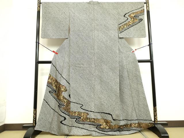 平和屋着物●訪問着　総絞り　流水草花文　黒地　金彩　さが美扱い　正絹　逸品　DAAV1145tw