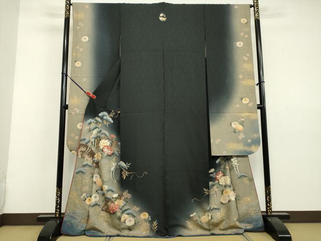 平和屋着物●豪華振袖　地紙草花松文　暈し染め　黒地　金銀彩　やまと誂製　正絹　逸品　DAAV1270tw