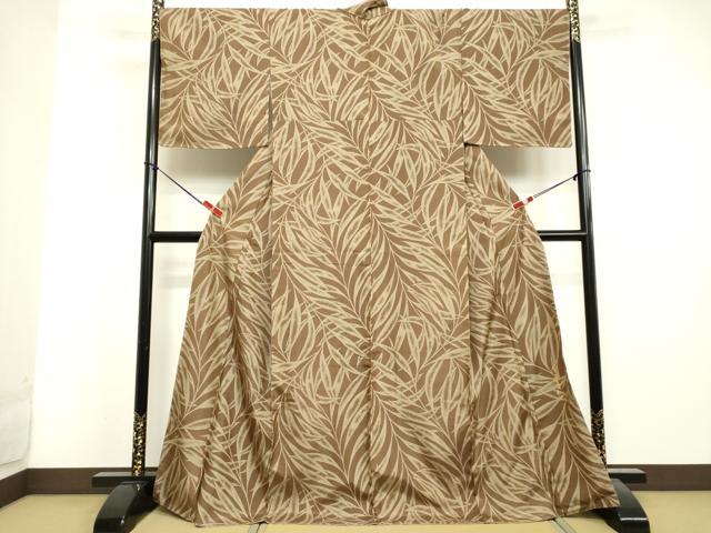 平和屋着物●染色作家　斉藤三才　小紋　紬地　草葉文　ロング丈　正絹　逸品　未使用　DAAV1312tw 平和屋着物○染色作家 斉藤三才 小紋 紬地 草葉文 ロング丈 正絹