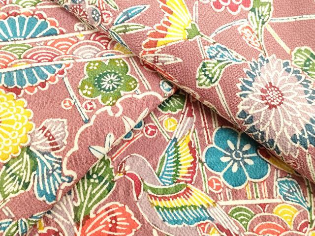 平和屋着物●上質な小紋　型染め　雪輪花鳥文　鬼しぼ縮緬　正絹　逸品　未使用　DAAV1333tw