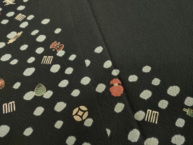 平和屋着物○訪問着 絞り 刺繍 宝尽くし文 黒地 金彩 鬼しぼ縮緬 正絹