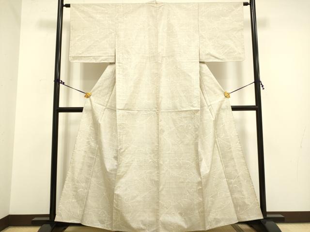 平和屋着物▽本場大島紬　白大島　単衣　9マルキ　草花文　森マツ子謹製　証紙付き　正絹　逸品　DAAV3118du 平和屋着物▽本場大島紬 白大島 単衣 9マルキ 草花文 森マツ子