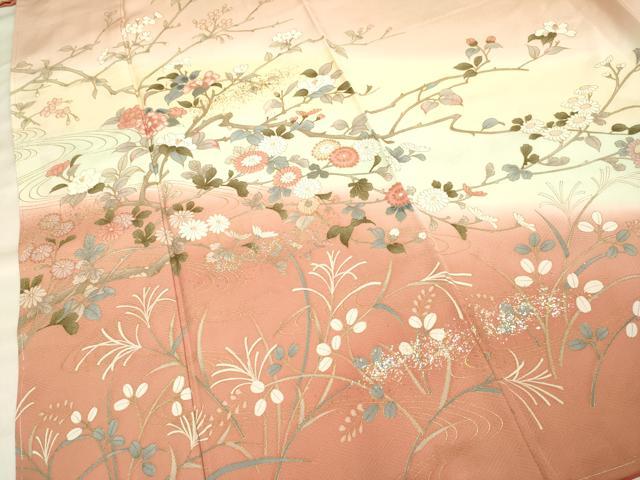 平和屋着物●訪問着　流水枝花文　暈し染め　金銀彩　正絹　逸品　未使用　DAAV3219du 平和屋着物○訪問着 流水枝花文 暈し染め 金銀彩 正絹 逸品 未使用
