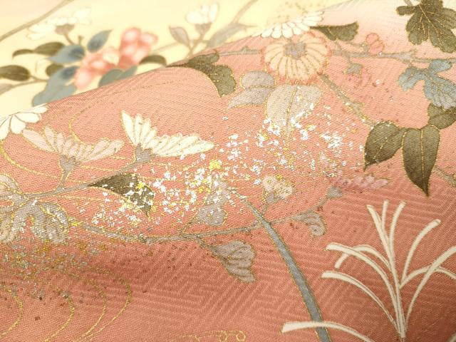 平和屋着物○訪問着 流水枝花文 暈し染め 金銀彩 正絹 逸品 未使用