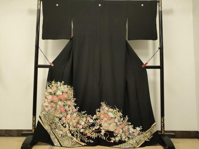 平和屋着物●豪華黒留袖　友禅　草花文　正絹　逸品　DAAV3243du