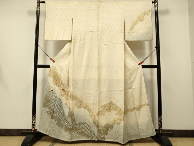 平和屋着物●訪問着　駒刺繍　総絞り　露芝花文　暈し染め　金彩　正絹　逸品　DAAV3255du