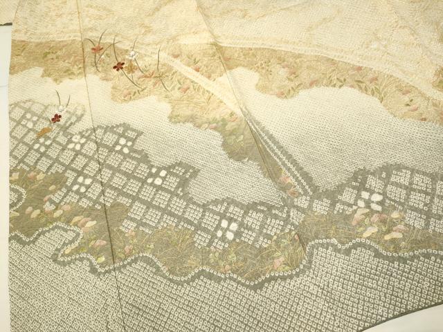 平和屋着物○訪問着 駒刺繍 総絞り 露芝花文 暈し