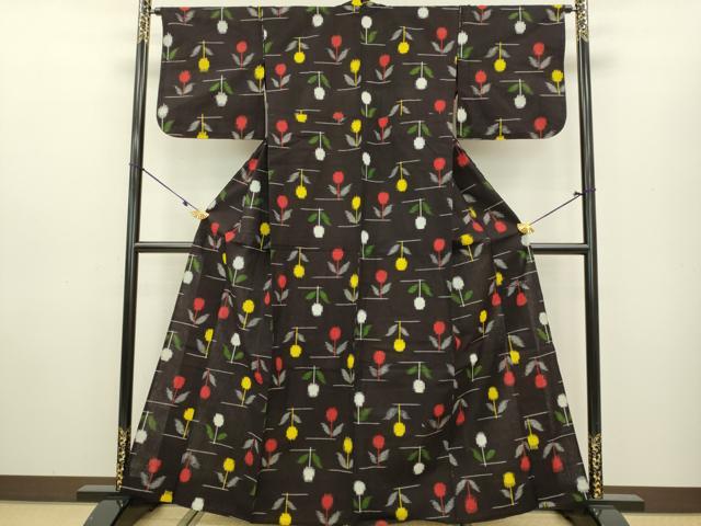 平和屋着物●久留米絣　単衣　草花文　チューリップ　綿　逸品　DAAV3303du 平和屋着物○久留米絣 単衣 草花文 チューリップ 綿 逸品 DAAV3303du