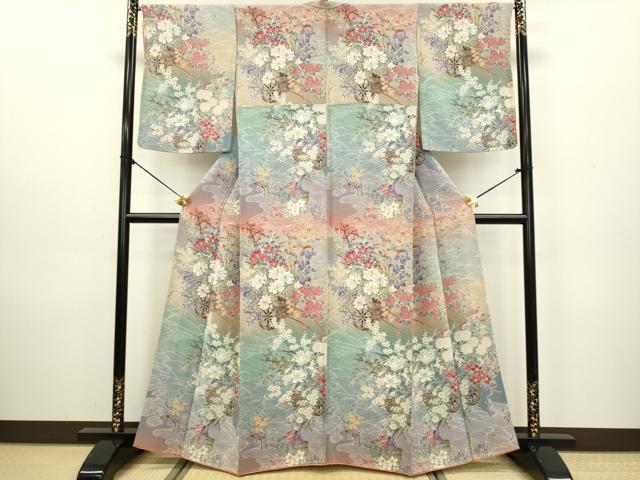 平和屋着物●上質な小紋　立波御所車花文　暈し染め　鬼しぼ縮緬　正絹　逸品　DAAV3354du