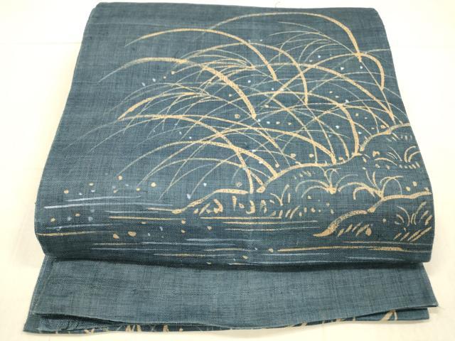 平和屋着物＊夏物　太鼓柄袋帯　作家物　草葉文　麻　逸品　DAAX0157cm