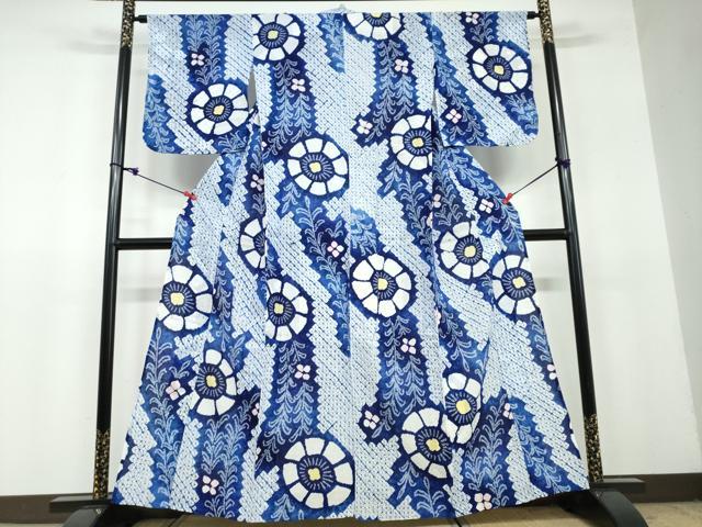 平和屋着物□夏物 有松鳴海絞り 浴衣 伝統工芸品 草花文 藍染 綿