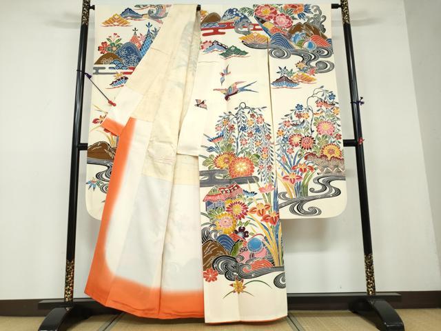 平和屋着物○豪華振袖 型染め 流水花鳥文 正絹 逸品 DAAV4822ud