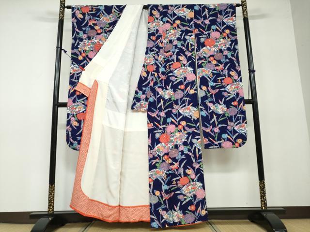 平和屋着物○豪華振袖 型染め 紅型 地紙花鳥文 鬼しぼ縮緬 正絹 逸品