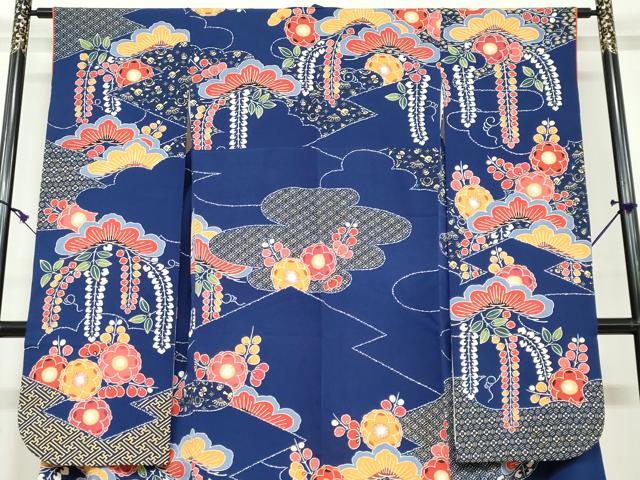 eふれんず◆【栗山吉三郎 和染紅型】振袖　仮絵羽　縮緬　未使用　正絹◆am977 eふれんず◇【栗山吉三郎 和染紅型】振袖 仮絵羽 縮緬 未使用 正絹