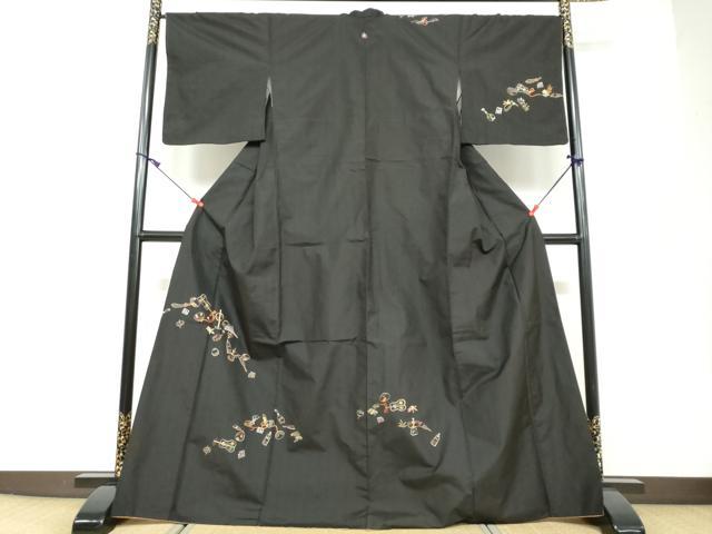 平和屋着物●訪問着　紬地　総刺繍　宝尽くし文　黒地　金糸　ますいわ屋扱い　正絹　逸品　DAAV4863ud