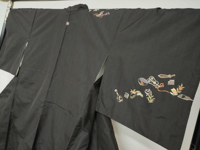 平和屋着物○訪問着 紬地 総刺繍 宝尽くし文 黒地 金糸 ますいわ