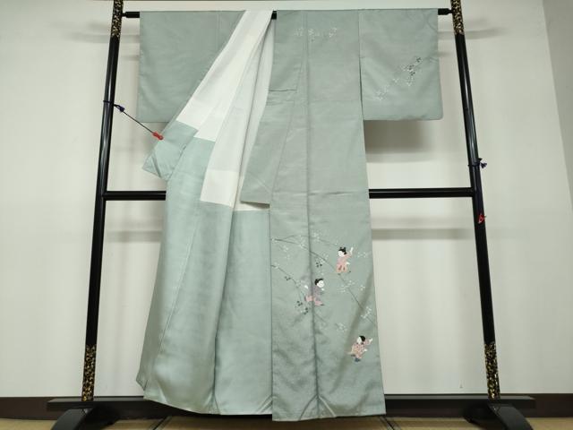 平和屋着物○訪問着 紬地 刺繍 童子 玩具 正絹 逸品 AABB5125ph 平和屋