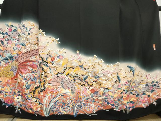 平和屋着物○豪華黒留袖 友禅 作家物 花鳥文 暈し染め 反