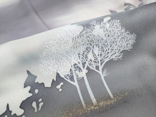 平和屋着物○男性 訪問着 樹林風景シルエット 暈し染め 金彩 正絹 逸品 