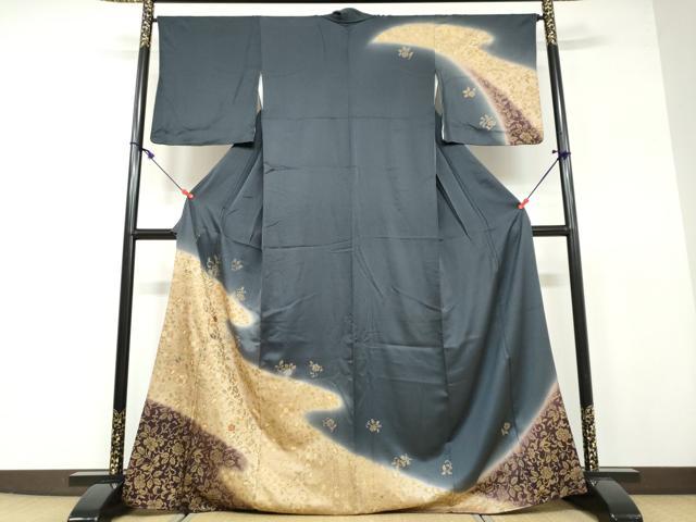 平和屋着物●訪問着　駒刺繍　花唐草文　暈し染め　金彩　正絹　逸品　DAAV4958ud