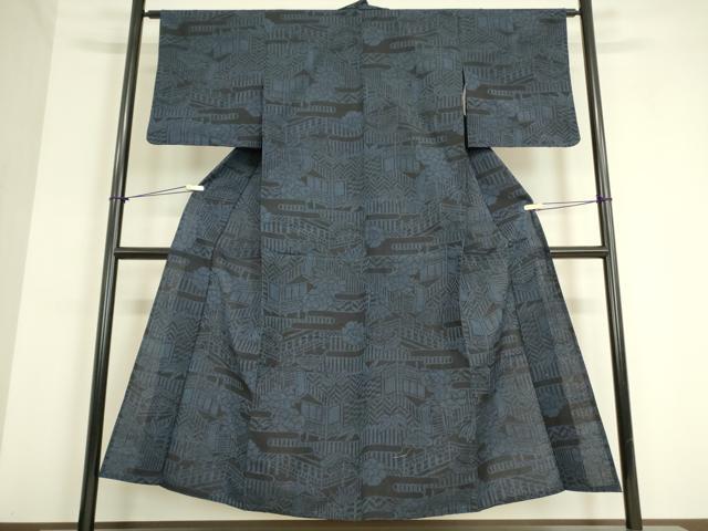 平和屋着物▽結城紬　単衣　風景牡丹文　正絹　逸品　DAAV5029az 平和屋着物▽結城紬 単衣 風景牡丹文 正絹 逸品 DAAV5029az