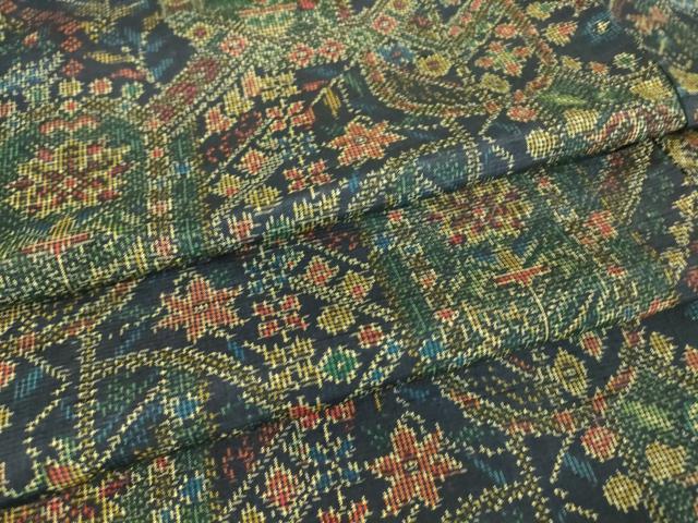 平和屋着物▽上質な紬　単衣　幾何学花文　正絹　逸品　DAAV5030az