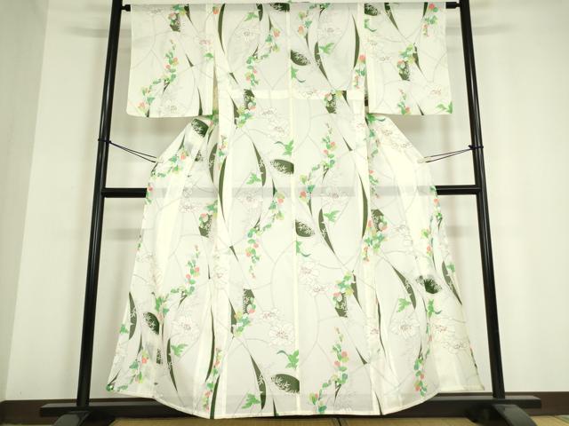 平和屋着物＊夏物 小紋 紗 草花文 ロング丈 洗える着物 未使用 AAAZ1345fy