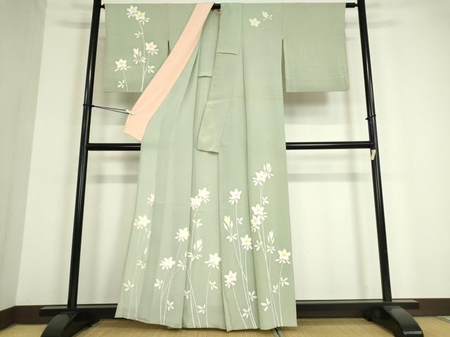 平和屋着物▽訪問着　単衣　草花文　正絹　逸品　DAAV5214az_1