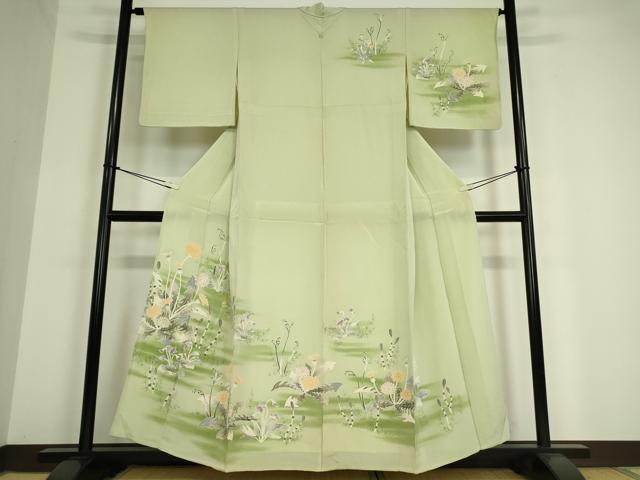 平和屋着物▽訪問着　単衣　草花文　金彩　鬼しぼ縮緬　正絹　逸品　DAAV5215az