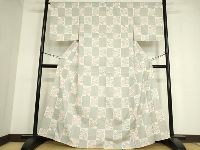 平和屋着物▽本塩沢　単衣　市松花文　正絹　逸品　DAAV5341az 平和屋着物▽本塩沢 単衣 市松花文 正絹 逸品 DAAV5341az