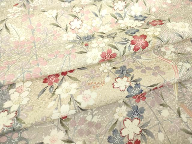 平和屋着物▽上質な小紋　単衣　舞桜扇面文　銀彩　正絹　逸品　DAAV5359az