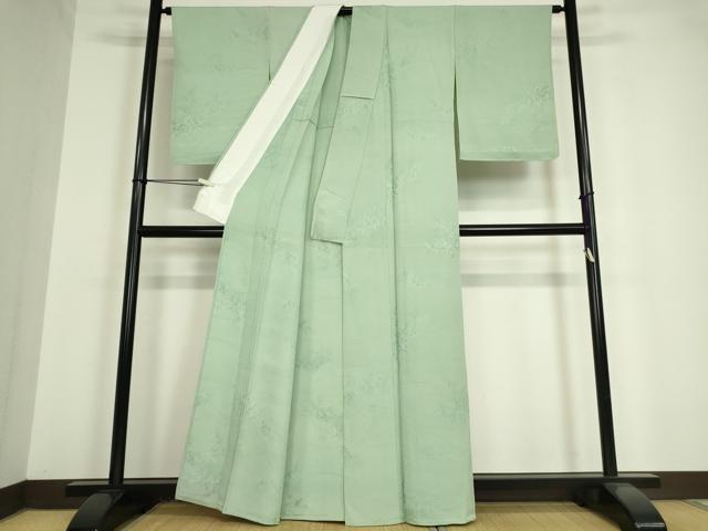 平和屋着物▽上質な色無地 単衣 草葉地紋 裏葉柳色 正絹