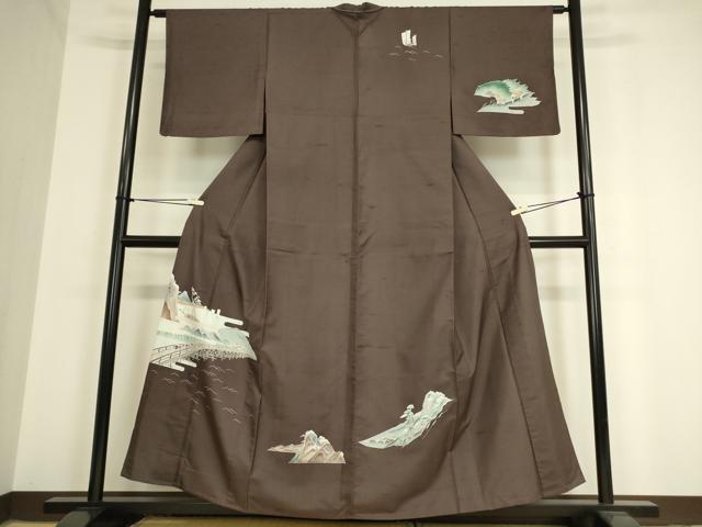 平和屋着物▽訪問着　単衣　紬地　友禅　渡橋風景文　正絹　逸品　未使用　DAAV5439az