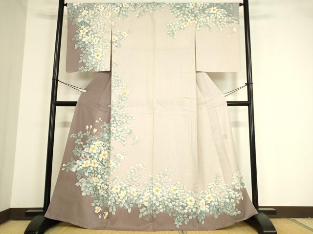 平和屋着物▽訪問着　単衣　作家物　草花文　手描き　正絹　逸品　DAAV5449az