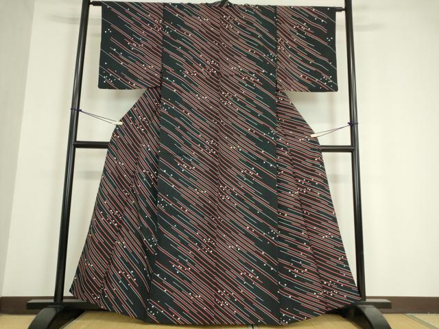 平和屋着物▽小紋 単衣 箔散らし斜線文 黒地 洗える着物 DAAV5590az 小紋