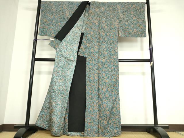 平和屋着物▽小紋 単衣 更紗花文 洗える着物 DAAV5608az