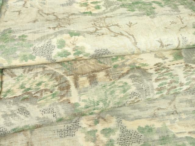 平和屋着物▽小千谷紬　単衣　風景樹林文　100亀甲　正絹　逸品　DAAV5661az