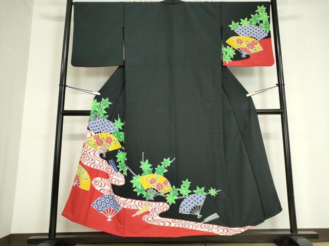 平和屋着物▽訪問着　単衣　扇面花文　黒地　洗える着物　DAAV5691az