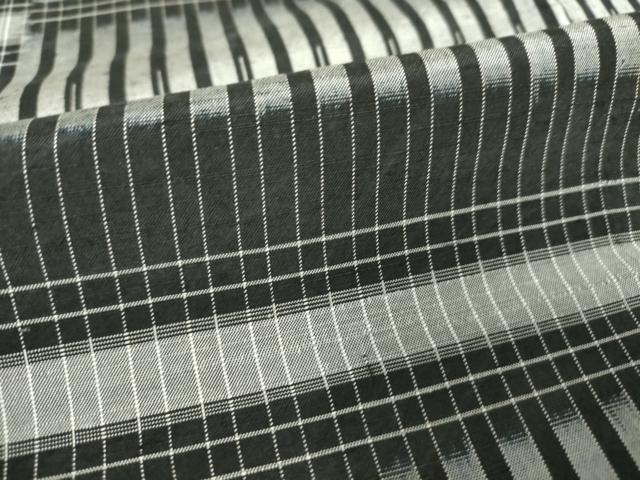 平和屋着物▽上質な紬　単衣　変わり格子　黒地　正絹　逸品　DAAV5724az 紬