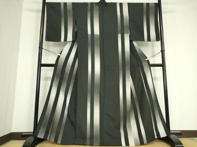 平和屋着物▽小紋　単衣　間道　黒地　洗える着物　未使用　DAAV5735az