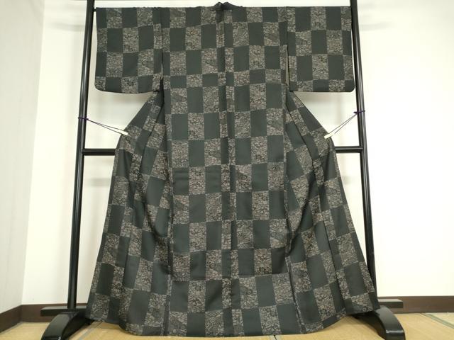 平和屋着物▽小紋 単衣 市松風景花文 黒地 洗える着物 DAAV5752az