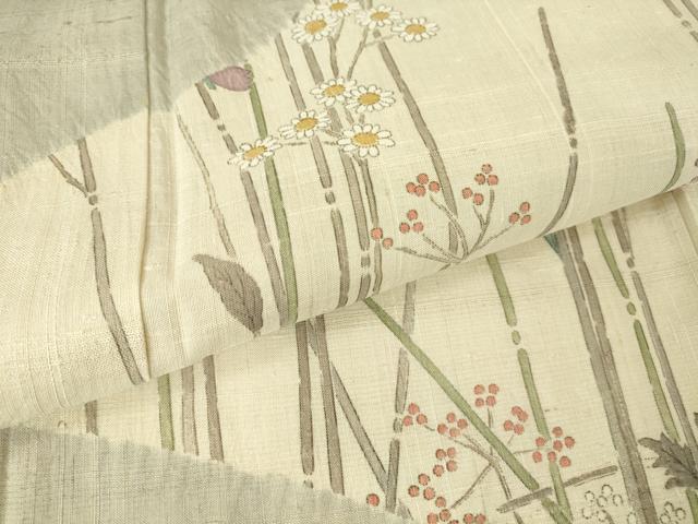 平和屋着物▽訪問着 単衣 生紬 霞枝花文 正絹 逸品