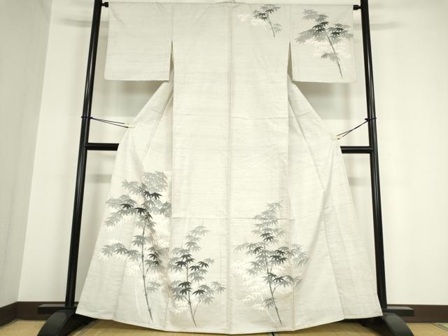 平和屋着物▽訪問着　単衣　紬地　笹竹文　手描き　正絹　逸品　DAAV5902az