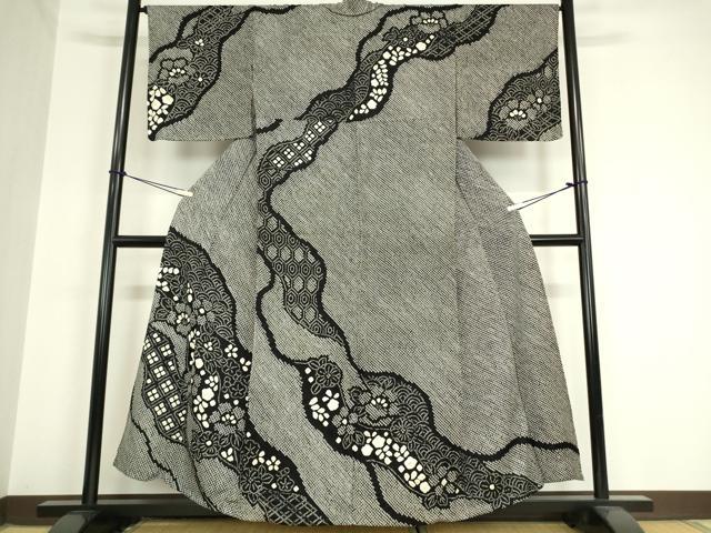 平和屋着物▽訪問着　単衣　総絞り　草花文　黒地　正絹　逸品　DAAV5911az