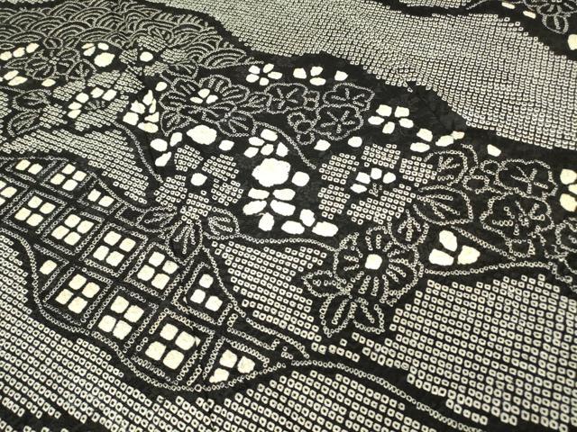 平和屋着物▽訪問着 単衣 総絞り 草花文 黒地 正絹 逸品 DAAV5911az