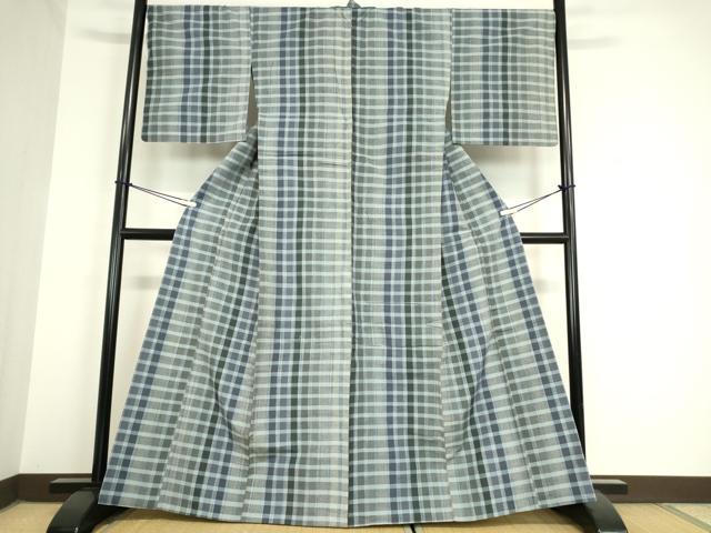 平和屋着物▽上質な紬　単衣　格子　鈴乃屋扱い　正絹　逸品　DAAV5960az_1